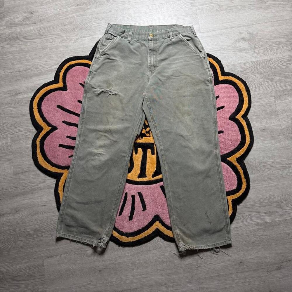 Carhartt Loose Original Fit Distressed Carpenter Work Pants Size 34x30 Green